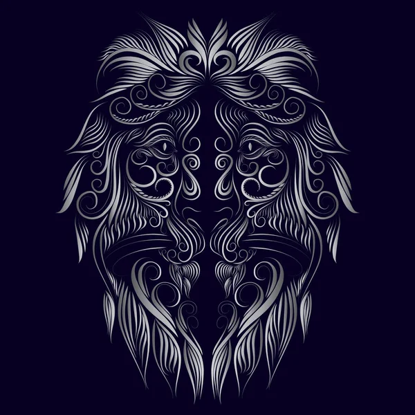 abstract head muzzle portrait of a lion long thin curls of hair mane tattoo gray on a blue background