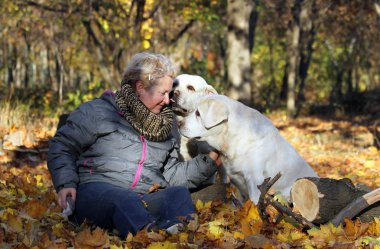 Köpeklerini sonbahar parkta mutlu kadınla