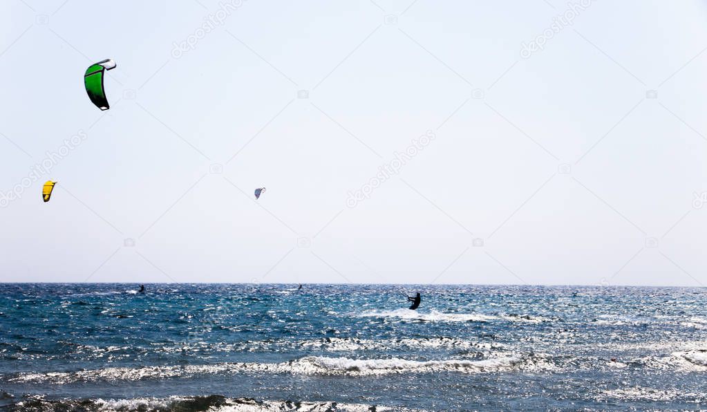 Sunny day on the blue sea with blue sky. Surfers with parachutes on the sea waves. Action sport with parachutes and surfing boards. Beautiful sunny day on the sea with waves.