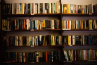 Ev büyük iç odası kütüphane çok renkli kitap ile. Ahşap raf kitaplar, kitap rafı kavramı görüntü çok sayıda ile dolu için önden görünüm