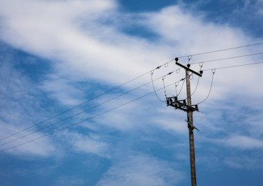 Teleferik ayağı. Mavi gökyüzü arka plan karşı füniküler tramvay çelik tel kablo. Hava Tramvay teleferik. Llandudno, Galler, İngiltere'de büyük Orme dağda teleferik