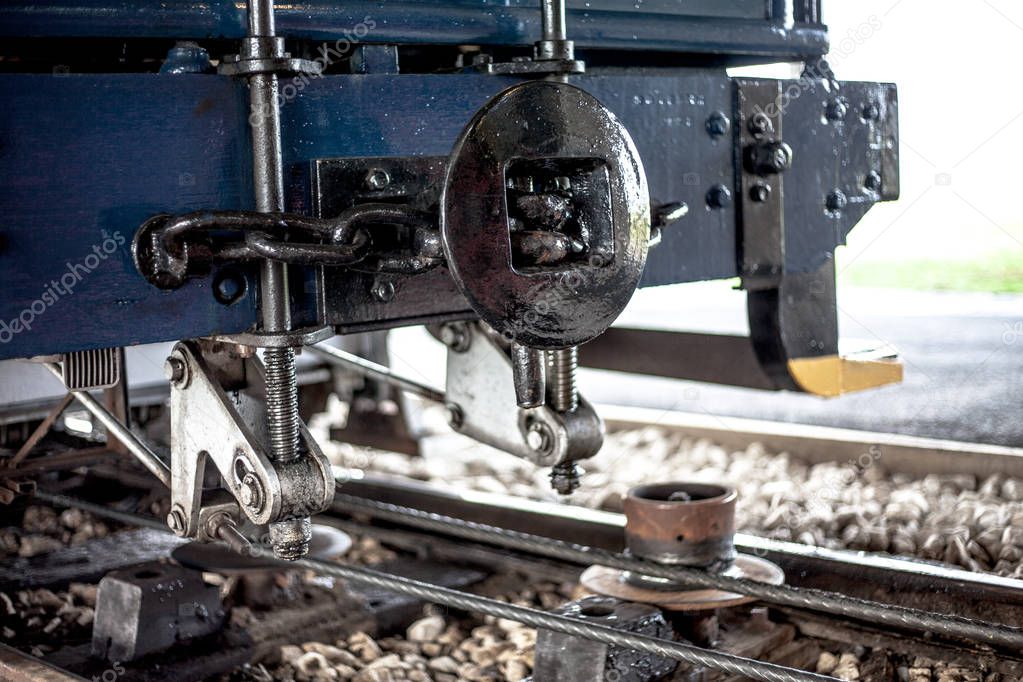 Close view of tram rail front end, showing the spare parts of tramway. Old, vintage, classic, historical technology parts close up photo. Technology, vintage transport concept
