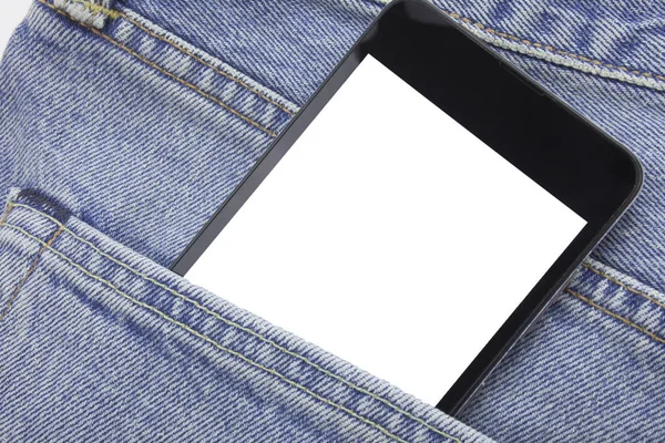 Smartphone Bolsillo Trasero Los Jeans Pantalla Blanca Vacía Del Dispositivo — Foto de Stock