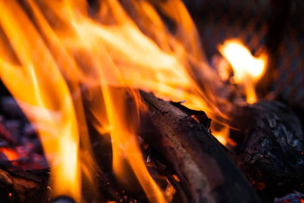 打开火焰的极端特写 烧烤火准备在户外 燃烧木材在极端特写视图 抽象图像中的火焰模糊 — 图库照片