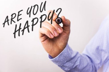 Are sen mutlu soru gösterilen Not yazma. Motivasyon başarı hayat kutlama gülümseme rahatlatıcı vitrine iş fotoğraf