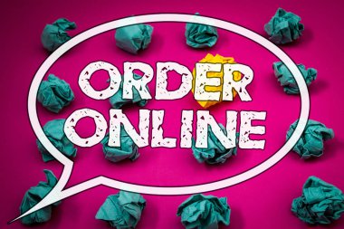 Sipariş Online gösterilen Not yazma. Internet üzerinde bir şey satın alma iş fotoğraf vitrine Kablosuz E-ticaret alışveriş