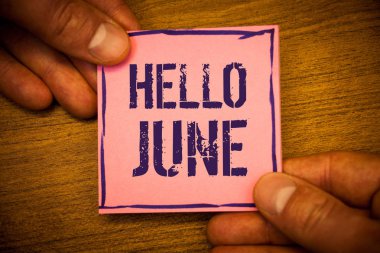 Kavramsal el Merhaba Haziran gösterilen yazma. Pembe Not fikirler siyah harflerle ahşap arka plan tutan bir ayın yeni mesaj yaz startingman üzerinde Mayıs başlayan iş fotoğraf metinler tutun