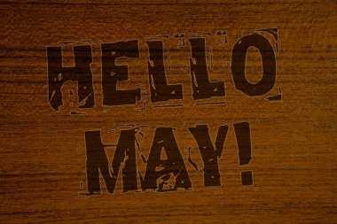 Kavramsal el Merhaba olabilir motivasyonel ara gösterilen yazma. İş fotoğraf vitrine başlangıç yeni bir ay Springbold kahverengi harf kelime fikirleri ahşap arka plan kavramı iletilerde Nisan bitti