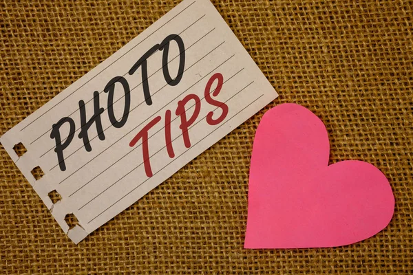 Sinal Texto Mostrando Photo Tips Foto Conceitual Sugestões Para Tirar — Fotografia de Stock