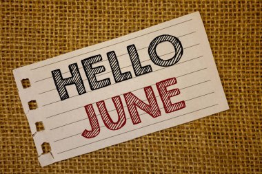 Merhaba Haziran gösterilen metin işareti. Kavramsal fotoğraf yeni ay mesaj Mayıs başlayan yaz startingnotebook sayfa fikirler mesaj siyah kırmızı harflerle kelimeler hasır arka plan üzerinde olduğunu