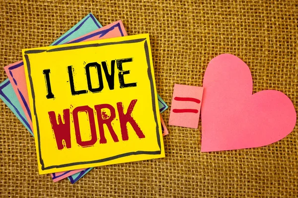 Conceptual hand writing showing I Love Work. Business photo texts To be happy satisfied with job Be doing what you most likeIdeas created on note papers equal sign heart wicker background