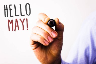 Kavramsal el Merhaba olabilir motivasyonel ara gösterilen yazma. Nisan Springman holding kalem üzerinde fikir mesaj siyah kırmızı harflerle beyaz arka plan işaret eden yeni bir ay başlayan iş fotoğraf metinler