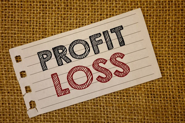 Text sign showing Profit Loss. Conceptual photo Financial year end account contains total revenues and expensesNotebook page ideas message black red letters words wicker background