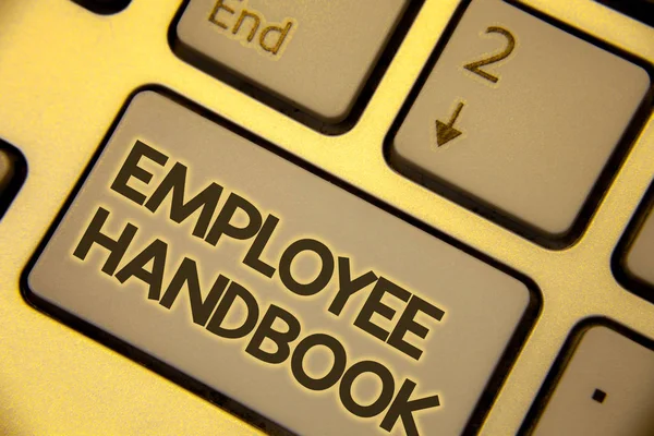 Writing note showing Employee Handbook. Business photo showcasing Document Manual Regulations Rules Guidebook Policy Code Text two Words written Computer Keyboard Insert Key Button press work