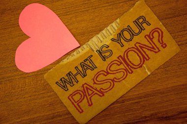 Ne Your Passion sorudur gösterilen metin işareti. Birisi onun hayalleri ve umutları Peru renk bozuk sayfa gömülü siyah kırmızı metin odunsu Resepsiyon pembe kalpli hakkında soran kavramsal fotoğraf