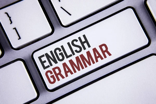 Writing note showing  English Grammar. Business photo showcasing Language Knowledge School Education Literature Reading Keyboard gray keys black letters words Intention text on computer