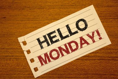 Merhaba Pazartesi motivasyonel ara gösterilen Not yazma. Yeni gün hafta başlamak metin iki kelime beyaz kağıt Not ahşap resepsiyon hızlı eskiz okul iş kalem için olumlu bir mesaj vitrine iş fotoğraf