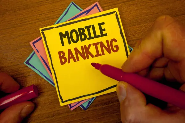 Escrita Mão Conceitual Mostrando Mobile Banking Texto Foto Negócios Dinheiro — Fotografia de Stock
