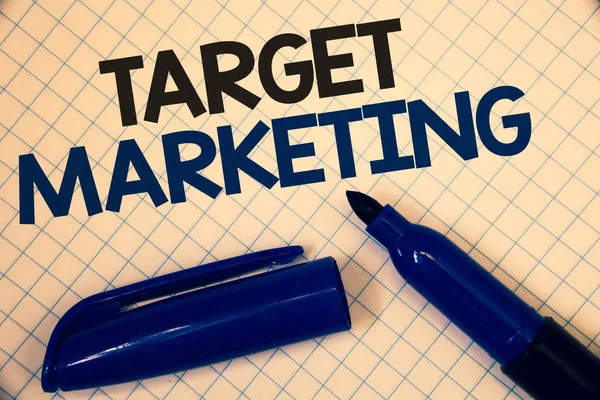 Handwriting text writing Target Marketing. Concept meaning Market Segmentation Audience Targeting Customer Selection Text two Words written paper open blue marker cap message letter school