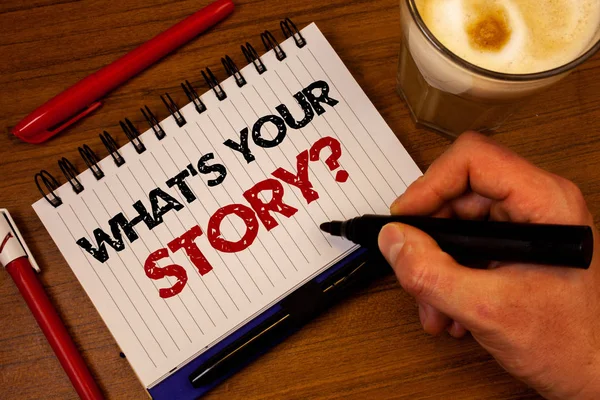 무엇입니까 당신의 이야기 텍스트를 작성입니다 연결에 비즈니스 메모장 박람회 텍스트 — 스톡 사진