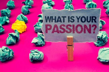 Ne Your Passion sorudur gösterilen Not yazma. İş fotoğraf vitrine birisi hayallerini hakkında soran ve umut zümrüt Kağıt topları sarı topak pembe kat ataç gri sayfa korumak