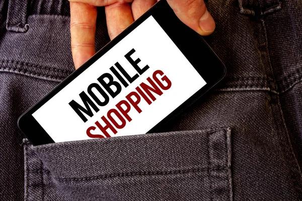 Scrittura Concettuale Mano Che Mostra Mobile Shopping Comprare Prodotti Online — Foto Stock