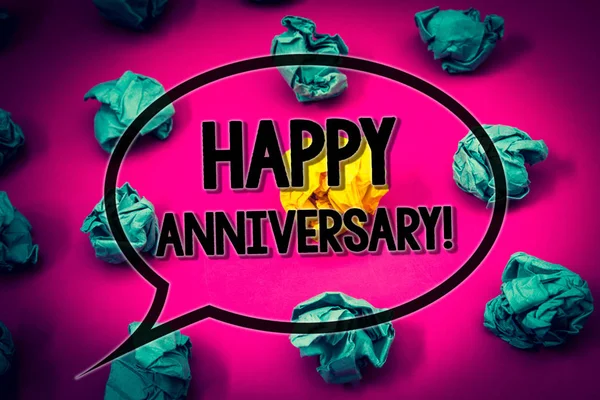 Handwriting text Happy Anniversary Motivational Call. Concept meaning Annual Special Milestone Commemoration Huge emerald paper lobs surroundes yellow paper ball magenta color floor