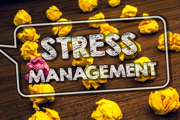 Writing note showing  Stress Management. Business photo showcasing Meditation Therapy Relaxation Positivity Healthcare Timbered ground serially laid yellow paper lumps white words