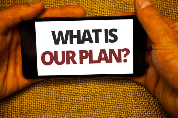 Ne bizim Plan soru gösterilen metin işareti. Renkli alfabetik hece ile iPhone tutan kavramsal fotoğraf misyonu amaç gündem Strategize beyin fırtınası Jüt çuval arka plan el