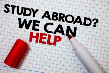 Writing note showing  Study Abroad Question We Can Help. Business photo showcasing going overseas complete your studies Graph paper grey important thoughts idea information science math data clipart