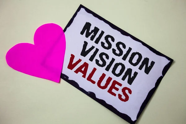 Text sign showing Mission Vison Values. Conceptual photo planning for future improvement Career Right decisions Hart love pink white background love lovely thoughts message memories