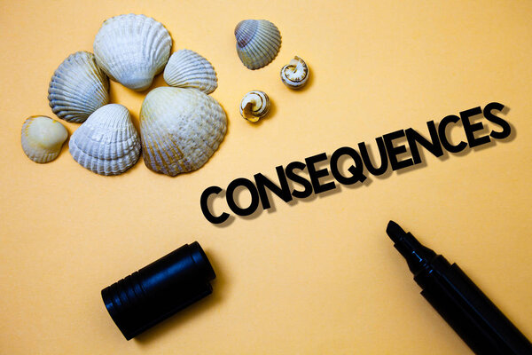 Conceptual hand writing showing Consequences. Business photo text Result Outcome Output Upshot Difficulty Ramification Conclusion Yellow background shadow open marker shells beach memory memories