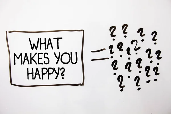 Текстовый Знак Показывающий Делает Счастливым Вопросом Концептуальное Фото Счастье Приходит — стоковое фото