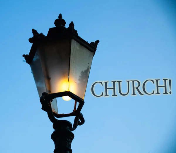Conceptual hand writing showing Church. Business photo text Cathedral Altar Tower Chapel Mosque Sanctuary Shrine Synagogue Temple Light post blue sky enlighten ideas old vintage antique Victorian. — Stock Photo, Image