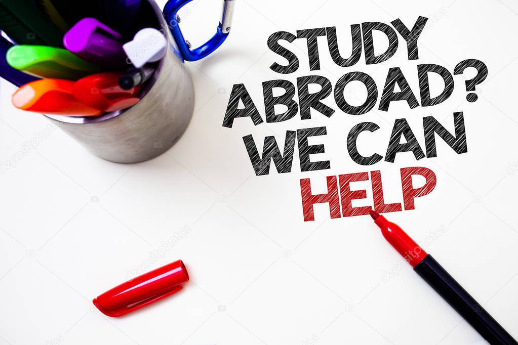 Text sign showing Study Abroad Question We Can Help. Conceptual photo going overseas complete your studies Pen white background grey shadow important temple lovely message idea