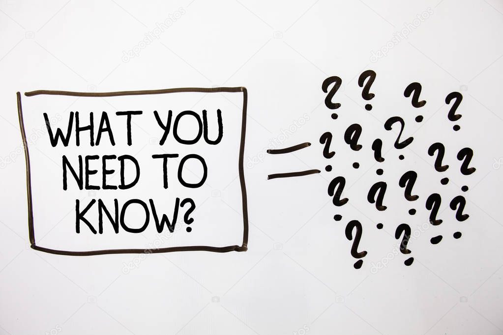 Text sign showing What You Need To Know Question. Conceptual photo Education develops your knowledge and skills White background equal sign question marks idea ideas messages feelings