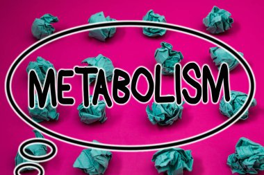 Word metin yazma metabolizma. Vücutta enerji gıda Crumpled Kağıt topları desen eliptical animasyon tasarım yazı tipi arka plan işleme üretmek için iş kavramı kimyasal için işler