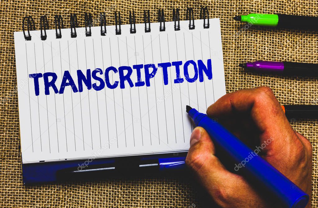 Conceptual hand writing showing Transcription. Business photo showcasing Written or printed process of transcribing words text voice Notepad marker creative ideas mat black shadow white papers