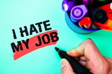 Metin yazma Word işimden nefret ediyorum. Çeşitli renk açık yeşil renkli güzel anılar düşünceler senin şirket kötü kariyer Marker kalem sevmeme yerini nefret için iş kavramı