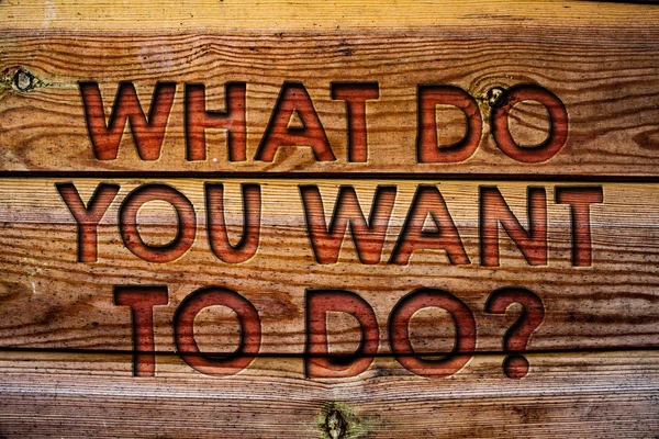 Handwriting text What Do You Want To Do Question. Concept meaning Meditate Relax Vacation Travel Desire Wooden background vintage wood board wild message ideas intentions thoughts