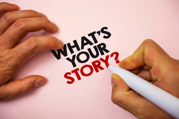 Writing note showing  What\'S Your Story Question. Business photo showcasing asking someone to tell me about himself Marker pen paper Ideas messages remember information important pink