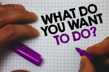 Ne yapmak sen istemek için sorum gösterilen metin işareti. Kavramsal fotoğraf meditasyon sakin tatil seyahat arzu dostum mor marker defter sayfa iletileri niyetleri fikirler holding