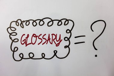 Word metin yazma sözlük. İş kavramı terimlerin anlamları kelime açıklamaları fikirler iletilerle alfabetik liste için doodle beyaz arka plan eşit soru işareti şüphe sorular