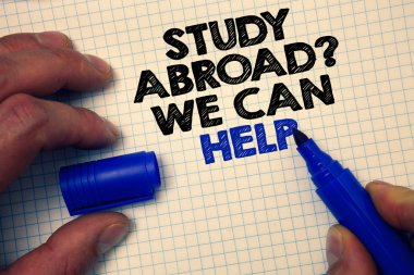 Çalışma yurtdışında soru biz yardımcı olabilir gösterilen metin işareti. Kavramsal fotoğraf denizaşırı eğitiminiz grafik kağıdı gri önemli düşünceler fikirler bilgi bilim matematik veri tamamlamak olacak