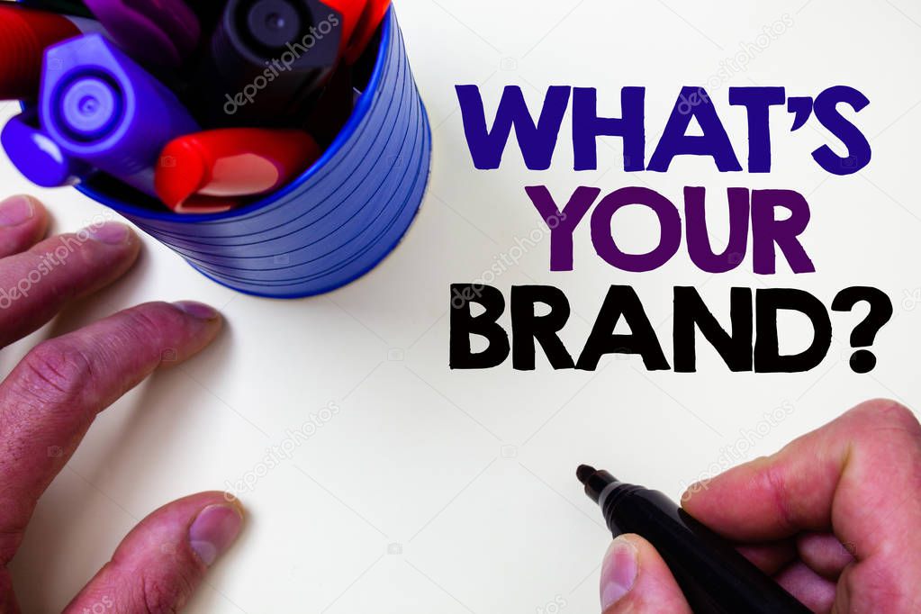 Writing note showing  What'S Your Brand Question. Business photo showcasing asking about slogan or logo Advertising Marketing Blue pen holder white background shadow lovely message idea temple