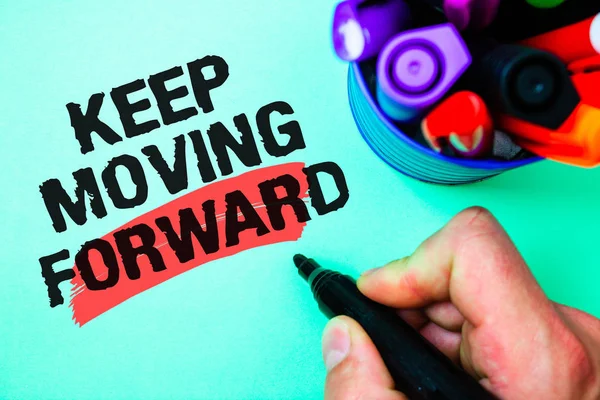 Word writing text Keep Moving Forward. Business concept for improvement Career encouraging Go ahead be better Marker pen various colour light green background lovely memories thoughts