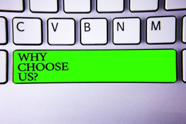 Conceptual hand writing showing Why Choose Us Question. Business photo showcasing reasons that you are best showing possibilities Spacebar laptop keyboard white computer grey background clipart