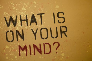 Word metin ne olduğu üzerinde Your Mind soru yazma. Kahverengi zemin grunge niyetleri yansımaları splatters fikri yenilik fikirleri mesajların açık fikirli düşünüyor için iş kavramı