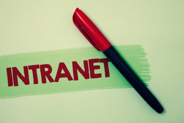 Kavramsal el Intranet gösterilen yazma. Şirket Interlinked yerel alan ağları fikirler mesajlar kırmızı kalem yeşil arka plan boya fikir iletinin özel ağ vitrine iş fotoğraf