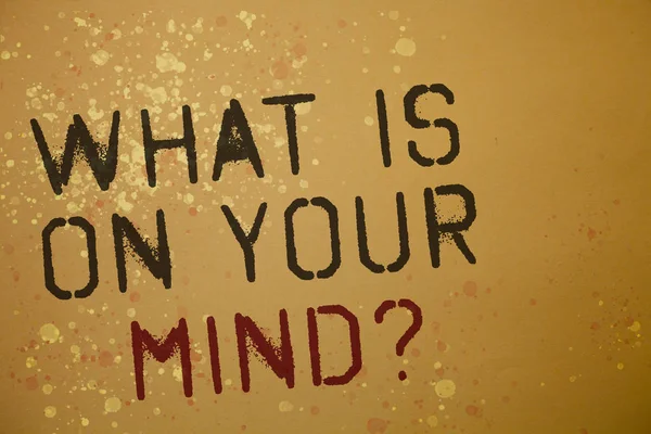 Word metin ne olduğu üzerinde Your Mind soru yazma. Kahverengi zemin grunge niyetleri yansımaları splatters fikri yenilik fikirleri mesajların açık fikirli düşünüyor için iş kavramı
